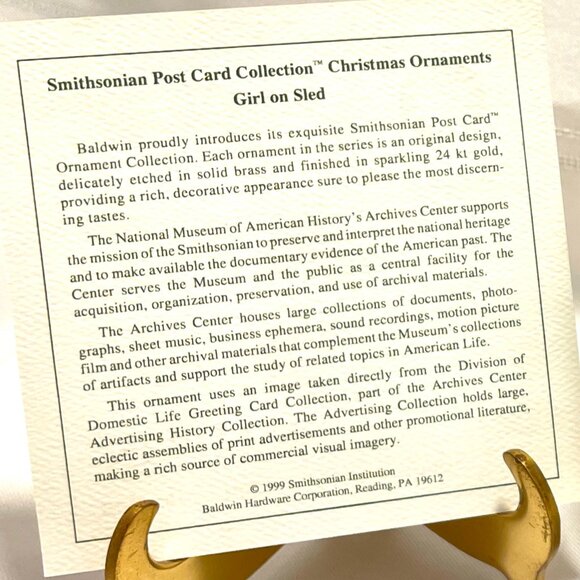 GIRL ON SLED 7106.010 1999 Smithsonian Post Card Collection Baldwin Ornament VTG - Picture 4 of 8